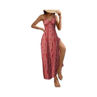 Imagem de Vestido Longo Feminino De Verão Boho Com Estampa Étnica, Costas Aberta