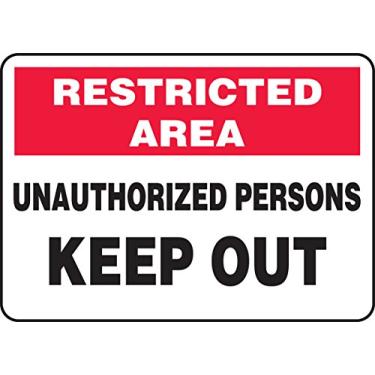 Imagem de Accuform Placa adesiva de vinil MADM900VS, legenda "Restricted Area Unauthorized Persons Keep Out", 18 cm de comprimento x 25,4 cm de largura x 0 cm de espessura, vermelho/preto em branco