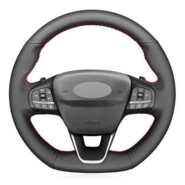 Imagem de MVMTVT Capa de volante de carro para Ford Focus ST Line 2018-2019, Capa de volante de carro costurada à mão DIY couro PU preto