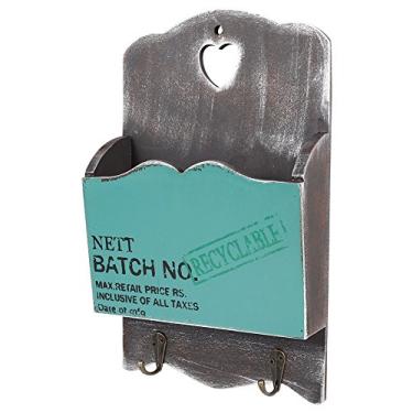 Imagem de Caixa de correio de madeira Yosoo Rack de cartas Montado na parede Caixa de armazenamento classificador de correio Ganchos de chave Suporte de pé organizador Corredor Porta Cesto de suspensão Decoração de casa vintage (verde azulado)