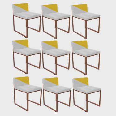 Imagem de Kit 09 Cadeira Office Lee Duo Sala de Jantar Industrial Ferro Bronze Sintético Branco e Amarelo - Ahazzo Móveis