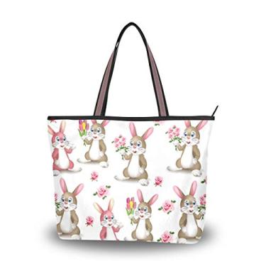 Imagem de Bolsa feminina com alça superior, coelhos fofos com tulipas, flores, bolsa de ombro, Multicolorido., Medium