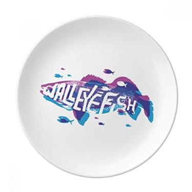 Imagem de Prato decorativo de porcelana salver salver azul roxo desenho peixe oceano animal prato de jantar