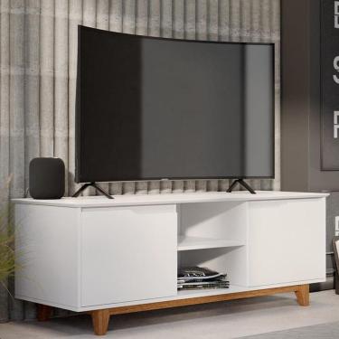 Imagem de Rack Bancada Flow 2 Portas Com Pés de Madeira Maciça Branco/Freijo