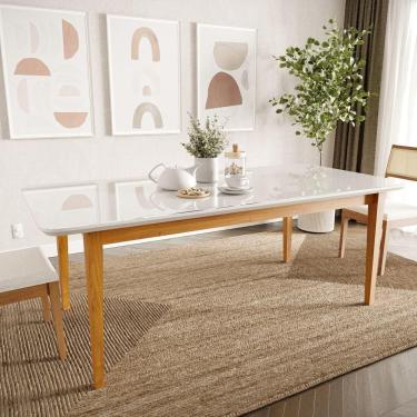 Imagem de Mesa de Jantar 8 Lugares 2,10m Tampo MDF e Vidro Pés Madeira Maciça Tangará CabeCasa MadeiraMadeira Caramelo/Off White