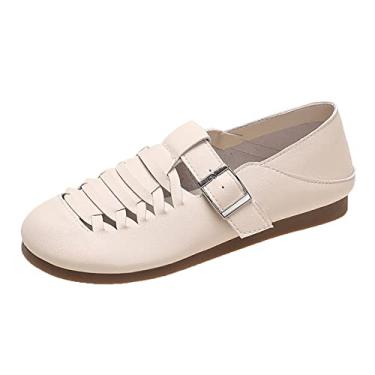 Imagem de Sandálias planas com alça de fivela para mulheres elegantes 2023 verão novo casual sola plana sapato único sapatos casuais de tecido oco (bege, 7,5)