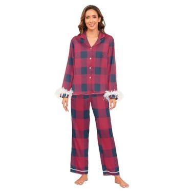 Imagem de GuoChe Conjunto de pijama feminino leve e confortável, conjunto de pijamas femininos para festa de casamento, dama de honra, Xadrez de búfalo azul vermelho desenhado à, P