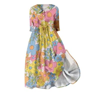 Imagem de Elogoog Vestidos de verão para mulheres 2024 gráfico franzido havaiano vestido maxi elegante manga curta cintura elástica floral vestido de trabalho, A - rosa, P