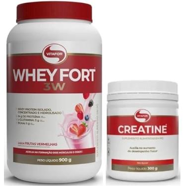Imagem de Kit Whey Fort 3W Pote 900g Sabores + Creatina Vitafor 300g (900g+300g, Frutas Vermelhas)
