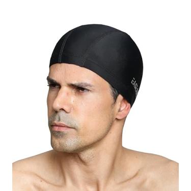 Imagem de Touca de natação masculina de tecido de nylon adulto cabelo curto macio cor sólida chapéu de natação confortável respirável alta elasticidade (preto)