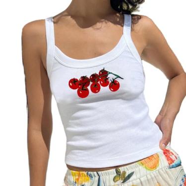 Imagem de SOLILOQUY Camiseta regata feminina y2k com estampa de frutas, sem mangas, para bebê, bonita, justa, básica, dos anos 90, estética urbana, Uma regata tomate, M