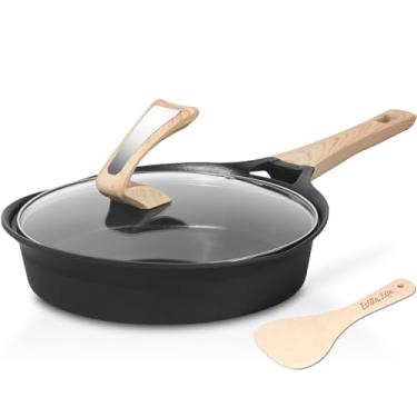 Imagem de ESLITE LIFE Frigideira antiaderente com tampa, revestimento de granito saudável, ovo, omelete, pedra, panela, cozinha, sem PFOA (preta, 24 cm)