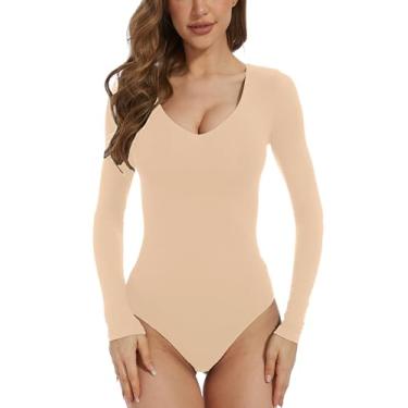 Imagem de KICZOY Body feminino de malha com decote em V e manga comprida, roupas sensuais, camisas de festa, Camelo (decote V sólido£, M