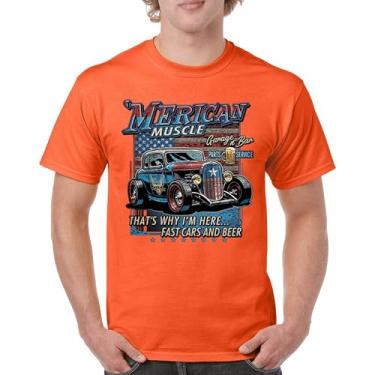 Imagem de Camiseta masculina Merican Muscle Fast Cars and Beer Hot Rod Enthusiast Car Show Bandeira Americana Orgulho dos EUA Route 66, Laranja, M