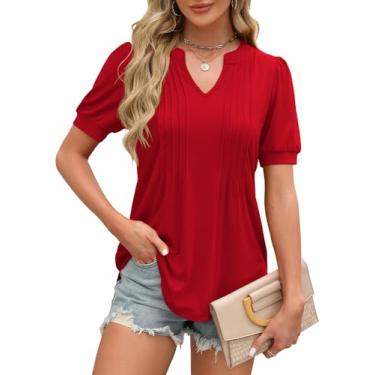 Imagem de MIHOLL Camiseta feminina 2024 gola V manga longa plissada casual solta blusa túnica, 01 Manga curta vermelha, P
