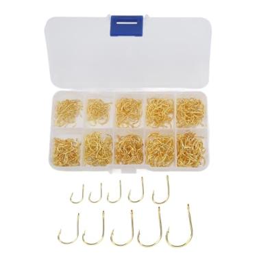 Imagem de OUKENS Conjunto de ganchos de pesca de 500 peças, anzol de círculo único de aço carbono ganchos de carpa de pesca com mosca adequados para água do mar de água doce. (ouro)