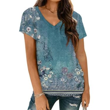 Imagem de Camisetas femininas casuais florais com estampa floral vintage, manga curta, gola V, túnica boho de verão, #12 - Azul marinho, M