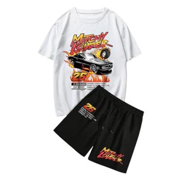 Imagem de SHENHE Camiseta masculina de manga curta com gola redonda e short com cordão, Flame Racing, multicolorido, M