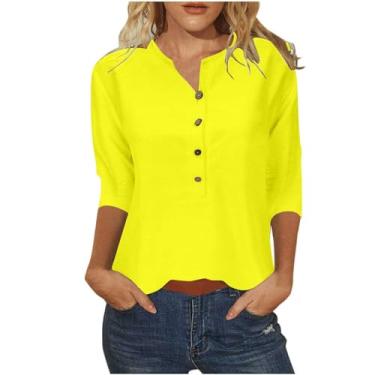 Imagem de Camiseta feminina gola V botão blusa manga 3/4 cor sólida camiseta solta confortável camiseta túnica casual atlética, Amarelo, XXG