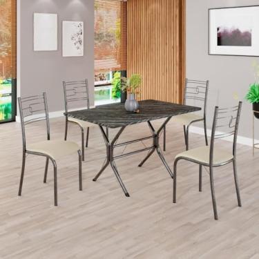 Imagem de Conjunto Sala de Jantar Mesa Retangular 100x60cm Tampo Pedra Ardósia Indiana 4 Cadeiras Paraty Creme/Mart Prata