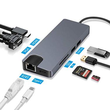 Imagem de Hub USB-C, hub tipo C 8 em 1 com HDMI 4K, VGA, leitor de cartão SD/TF, Ethernet RJ45, 2 portas USB 3.0, PD, compatível com Macbook, XPS, Ideapad, ThinkPad, Zenbook, Matebook, Spectre e mais