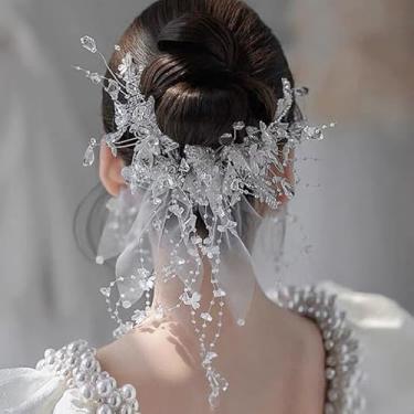 Imagem de E EMZHOLE Grampos de cabelo de noiva de flores para noivas, pedras, joias, folhas, véu de cristal, acessórios de cabelo decorativos para mulheres