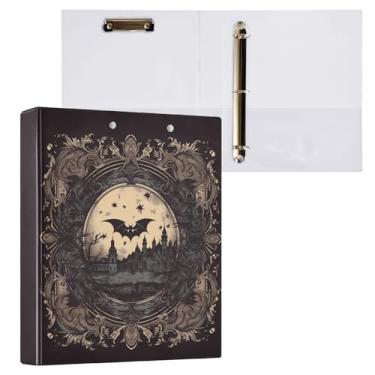 Imagem de Fichário retrô morcegos castelo gótico preto com três anéis de 3,5 cm com bolsos internos, pacote com 1/2 fichários escolares, 200 folhas