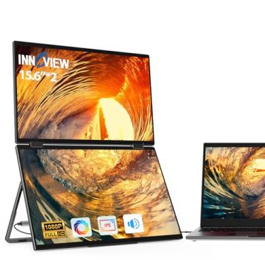 Imagem de InnoView Extensor de tela de laptop de 15,6 polegadas, dois monitores, empilhados, triplos (Wins/Mac), monitor portátil triplo de 1080p para laptop 90°/180°, rotação automática, preto