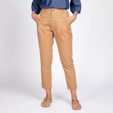 Imagem de Calça Mom Cropped Recorte e Pregas Bolso Faca Cor Caqui Chique - Bloom