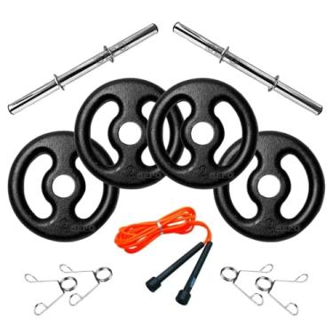 Imagem de Kit Musculação 8Kg em Anilhas de Ferro com Barras 40cm e Corda de Pular