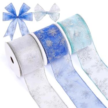 Imagem de JarThenaAMCS Fita transparente com 3 rolos de floco de neve com glitter, 6 cm, 30 metros, azul royal, prata, organza, para árvore de Natal, guirlanda, presente, artesanato, decoração de casa