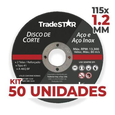 Imagem de Kit 50 Discos De Corte Metal inox 115x1,2mm Esmerilhadeira - Tradestar