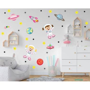 Imagem de Adesivo De Parede Astronautas Meninas Planetas Nave Foguete - senhorit