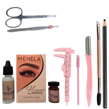 Imagem de Kit Design de Sobrancelha Menela Henna + Navalha +Pinca + Tesoura + La