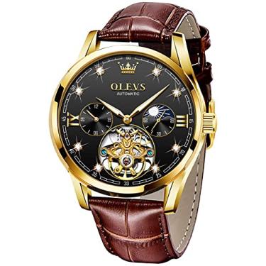 Imagem de OLEVS Relógio de luxo masculino Skeleton Tourbillon Automático Automático Safira Cristal Diamante Lua Fase Display de Couro Genuíno, Black Face & Brown Strap
