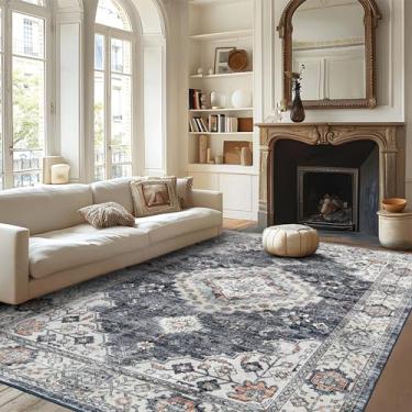 Imagem de Mcadore Tapete vintage lavável, 23,5 x 30,5 cm, boho para sala de estar, quarto, cozinha, tapete macio, antiderrapante, dobrável, azul marinho/bege