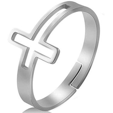 Imagem de Jude Jewelers Anel religioso de aço inoxidável com cruz lateral cristã tamanho ajustável, Metal, Zircônia cúbica,