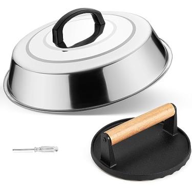 Imagem de Leonyo Cúpula de Derretimento e Prensa de Grelha de Ferro Fundido, Tampa de Alinhavo de 12" com Prensa de Bacon Redonda, Triturador de Hambúrguer para Chapa, Kit de Esmagamento de (, Prata)
