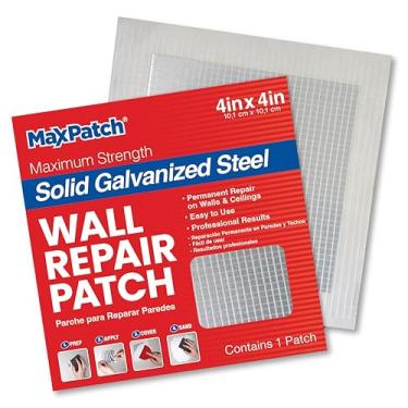 Imagem de MaxPatch Patch de reparo de parede autoadesivo de metal sólido de 10 cm x 10 cm (pacote com 3) – Metal galvanizado durável, fácil aplicação para reparos de drywall, gesso e teto