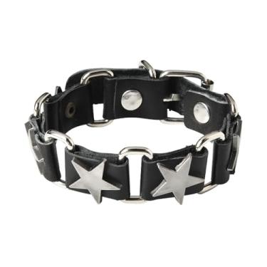 Imagem de Kefley Pulseira de couro preta para homens e mulheres punk estrela rebite pulseira pulseira de metal ligado cinto de pulso estilo retro rock punk acessórios para homens e adultos, Small, Couro, Sem