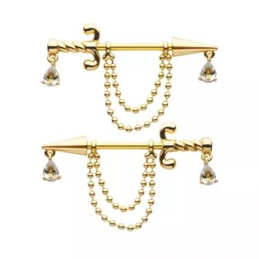 Imagem de Pierced Owl Adaga de aço inoxidável 316L ouro PVD 14GA com correntes penduradas halteres de mamilo, vendido como um par, Metal, Zircônia cúbica