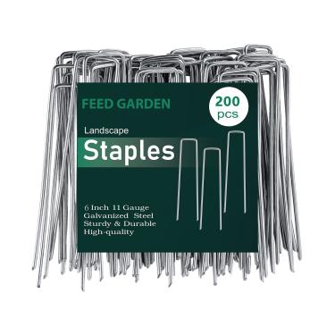 Imagem de FEED GARDEN Grampos de paisagem galvanizados de 15 cm, pacote com 200, estacas antiferrugem para jardim, tecido de paisagismo, alfinetes SOD, estacas de terreno para decoração de Natal, tecido de barreira de ervas daninhas