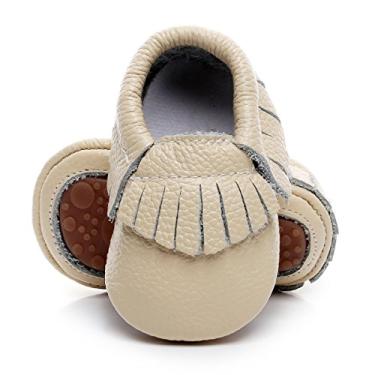 Imagem de HONGTEYA Mocassins de couro para bebês Mocassins de sola rígida com borla para berço para meninos e meninas, Bege, 0-6 Months Infant
