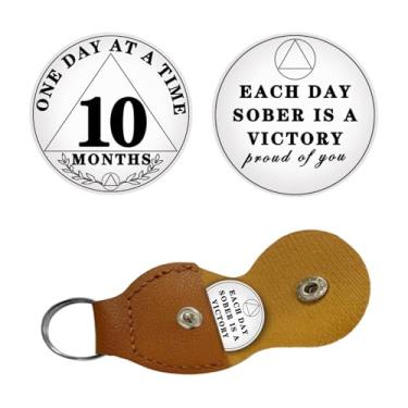 Imagem de Moeda Sobriety 10 meses Sober Anniversary ONE Day at A TIME AA Recovery Chip Recovery Token NA OA Great Sobriety Gifts for Men Women Alcoholics Anonymous PU Leather Keychain included