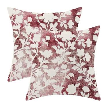 Imagem de QANOK Conjunto de 2 capas de almofada florais vermelhas e brancas bordô 45,7 x 45,7 cm, decoração retrô, estilo moderno, flores abstratas, casa de fazenda, decoração para casa, sofá, cama