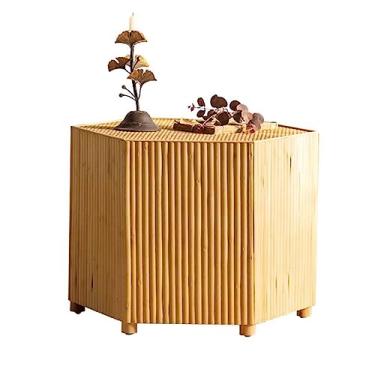 Imagem de Mesa lateral rústica, mesa de centro pequena, mesa de café, mesa de chá, para sala de estar, varanda, sofá e mesa lateral com parte superior tecida à mão e base de madeira estável, mesa de chá pequena