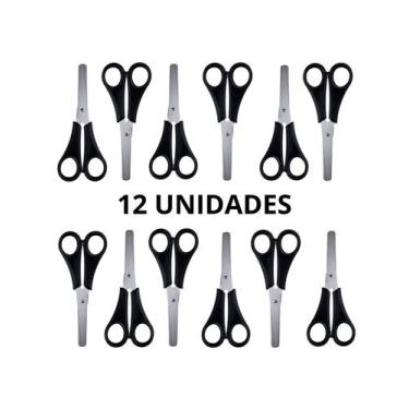 Imagem de Caixa Com 12 Tesouras De Aço Preta Material Escolar Escritório Papelar