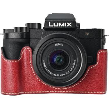 Imagem de Capa G100K, capa BMAOLLONGB feita à mão de couro PU meia câmera versão abertura inferior para Panasonic Lumix G100K com alça de pescoço (vermelha)