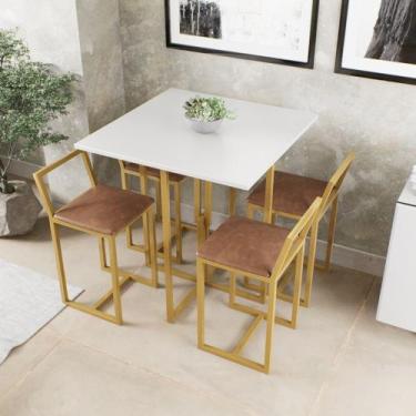 Imagem de Conjunto Mesa Branca 4 Cadeiras Pequena Estofado Industrial Dourado - 