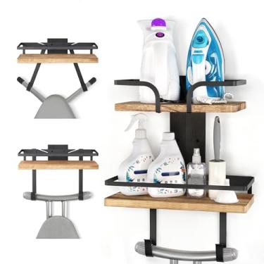 Imagem de VINAEMO Suporte de parede para tábua de passar a ferro, 2 camadas de ferro e tábua de passar a ferro, prateleiras de lavanderia de madeira maciça com ganchos removíveis, organização e armazenamento doméstico